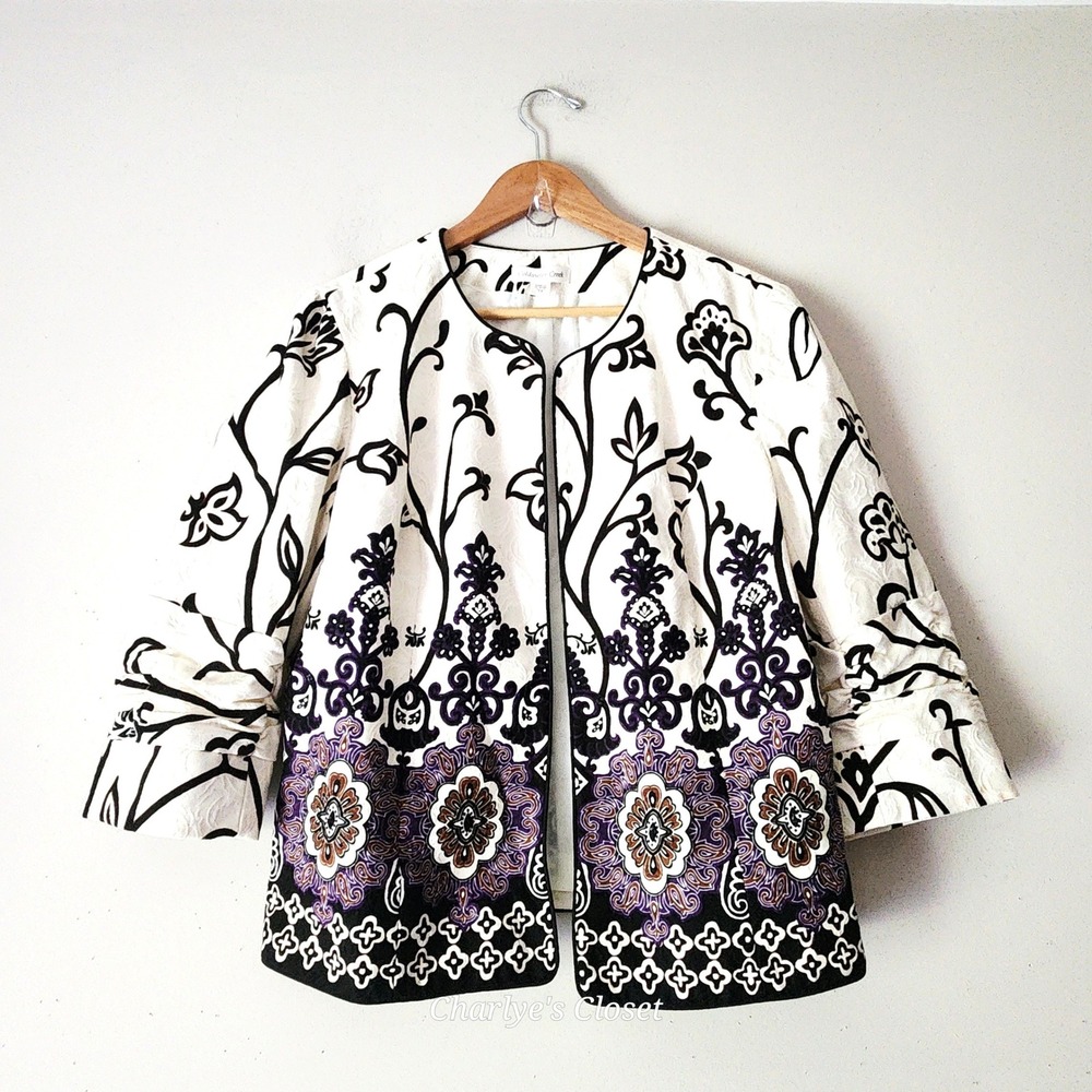 Embroidered 100% Cotton Floral Open Front Blazer 14 Artsy Ruched Sleeve Eclectic